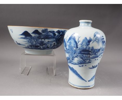 A Chinese blue and white baluster vase with landscape decoration, 8" high, and a similar bowl, 9 1/4" diaCondition:The vase's