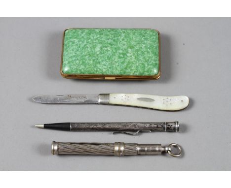 A silver propelling pencil, a white metal pen holder, a silver and mother-of-pearl fruit knife and a plastic marble effect an