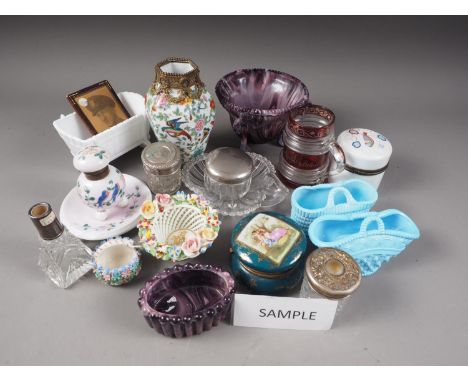 Two pressed glass baskets, two pieces of cloud glass and other glass, an inkwell and other ceramics 