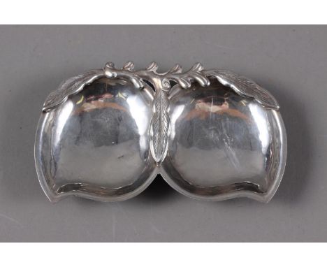 A Chinese white metal double table salt, formed as two peaches, 3 7/8" wide, 1.6oz troy approx 