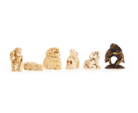 SIX EARLY 20TH CENTURY JAPANESE IVORY NETSUKE, modelled as a hare and skull, another as a ram, one a foe dog, another a mouse