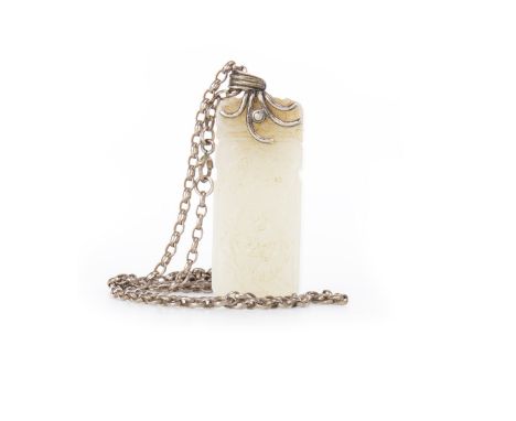 CHINESE JADE PENDANT ON CHAIN, the rectangular pendant carved with a stag to one side, Shao Lao and attendant to the other, 5