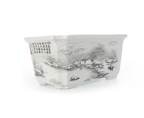 CHINESE REPUBLIC PERIOD PLANTER, of rectangular form, painted with a winter scene, and with script and red seal marks to two 