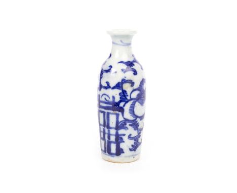 20TH CENTURY CHINESE CERAMIC VASE, of slender baluster shape, painted in blue on white, 12cm high