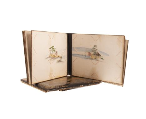 EARLY 20TH CENTURY JAPANESE LACQUERED WOOD PHOTOGRAPH / POSTCARD ALBUM, the silk pages painted with flowers, architectural fe
