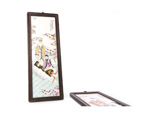 PAIR OF 20TH CENTURY CHINESE CERAMIC PANELS, depicting figures amongst clouds, with Chinese script, in hardwood frames, each 