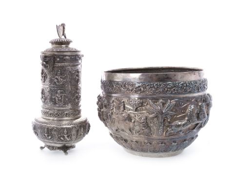 ANGLO INDIAN WHITE METAL EWER, modelled with figures in relief in two bands to the body and a band of figures around the glob