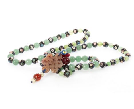CHINESE JADE AND CLOISONNE NECKLACE, formed with spherical green jade and floral cloisonne enamel beads, with a hardstone dro