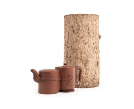 EARLY 20TH CENTURY YI XING STYLE CERAMIC VASE, of cylindrical form, modelled as a tree surface, with knarled effect and a sna