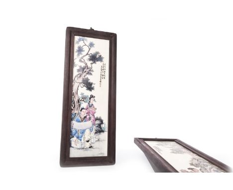 SET OF FOUR 20TH CENTURY CHINESE CERAMIC PANELS, depicting male and female figures in garden settings, each with Chinese scri