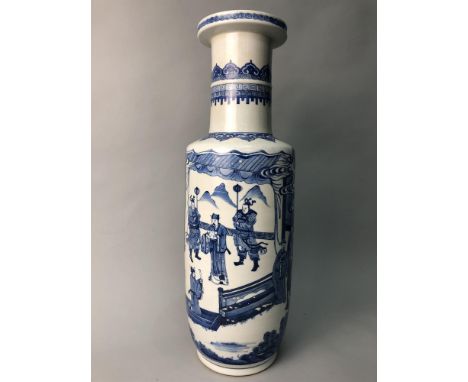 LARGE CHINESE QING DYNASTY BLUE AND WHITE VASE, painted with figures within architectural and floral features, double ring ma