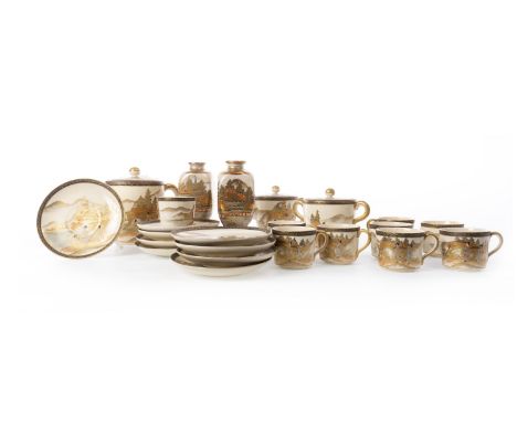 20TH CENTURY JAPANESE SATSUMA COFFEE SERVICE, comprising a coffee pot, sugar and cream, nine cups and nine saucers, each deco