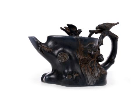 20TH CENTURY CHINESE YI XING CLAY TEA POT, the lid with bird finial, the body modelled as a knarled trunk the handle with bir