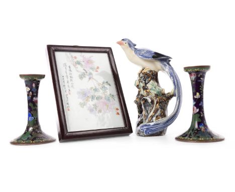PAIR OF EARLY 20TH CENTURY CHINESE CLOISONNÉ ENAMEL CANDLESTICKS, with foliate decoration, 13cm high; along with a Chinese ce