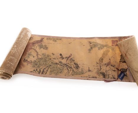 20TH CENTURY CHINESE SCROLL, with a design of birds amongst trees, 370cm long, 33cm wide; along with another scroll, with ero