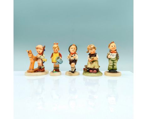 A set of 5 figurines of young children in various activities consisting of a singer, an explorer, a gardener, a student, and 