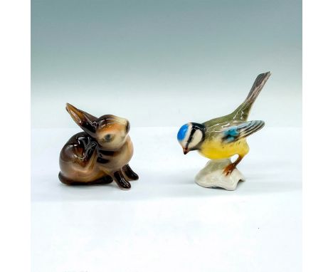 Includes a small brown bunny scratching its ear, and a Eurasian blue tit bird. Goebel backstamps on the underside. Bunny: 2.5