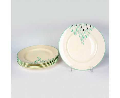 A set of six Burleigh Ware pottery plates of cream-color with a delicate green and grey floral pattern and finished with a gr