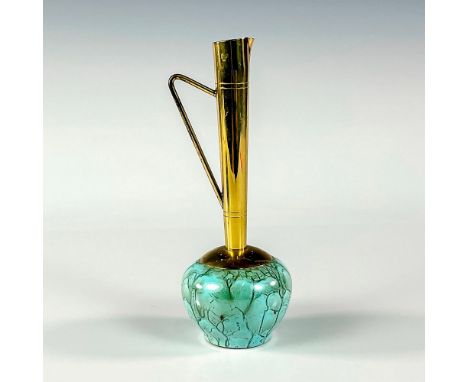 Turquoise with lustre finish and branch patterning. Round body. Narrow brass spout with handle.Hand Painted Delft Holland on 