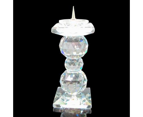 Three faceted crystal ball design with holder on rhodium pin and decorative flower base. Swarovski backstamp. 7600110000. Thi