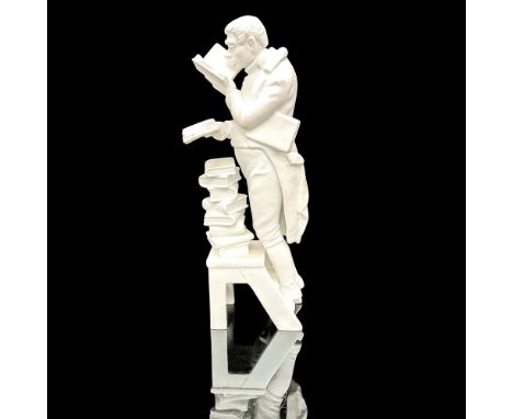 An all white figure of a man on a step ladder enthralled with books. AK Kaiser W Germany in blue marked on the underside. Art