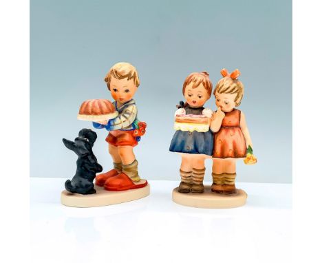 A set of two figurines, one is a pair of two young girls holding a pink frosted cake and bouquet of flowers, the other is a y