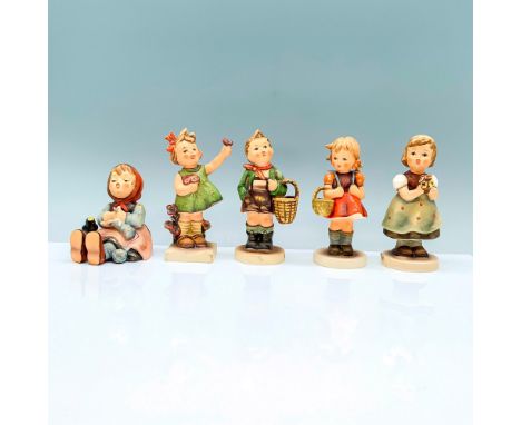 A set of 5 Hummel children figurines dressed in their best summer wardrobe participating in various activities. Goebel Hummel