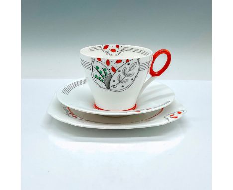 White teacup, saucer, and tea plate set with red trims. Beautifully decorated in an abstract leaf pattern. Shelley backstamp.