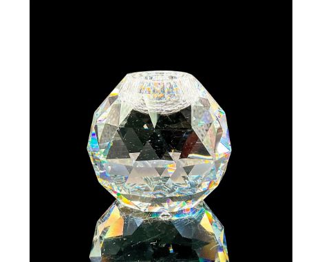 Clear faceted crystal candlestick in a globe shape. Swarovski acid etched mark. This item has its original box 4.75"H x 3.25"