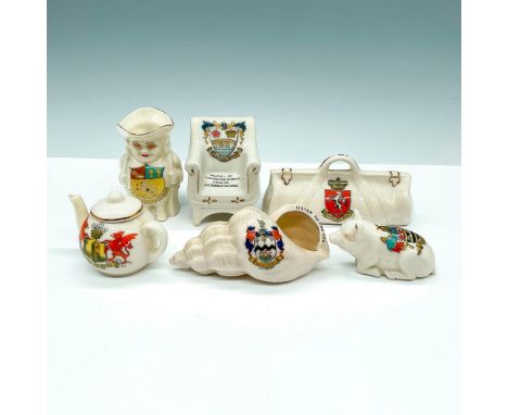 This delightful collection features fine bone china souvenir pieces from various cities, each showcasing the city's coat of a