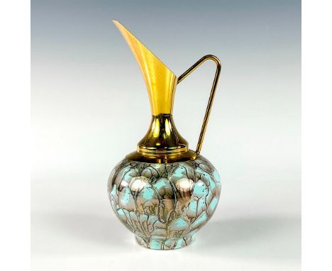 Turquoise toned with lustre finish &amp; branch patterning. Brass accented handle and spout.Hand Painted Delft Holland on bot