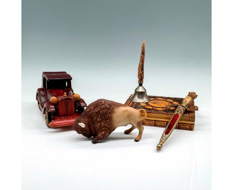 Includes Wood antique car 7.5"L x 3"W x 3.75"H, Cybis buffalo figurine 5.25"L x 2.25"W x 3.25"H, European hand carved playing