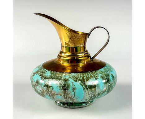 Turquoise toned with lustre finish &amp; branch patterning. Brass accented handle and spout.Rounded and flattened shape botto