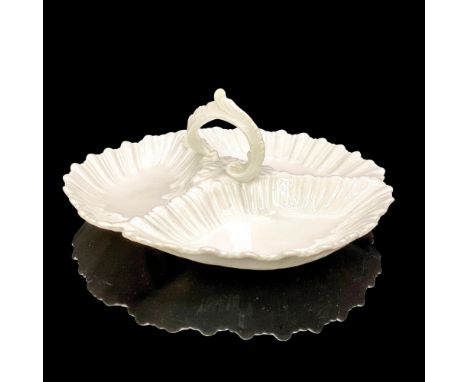 White trio-divided tray with a scalloped edge and handle molded as an acanthus leaf. The Foley China Wileman &amp; Co. backst