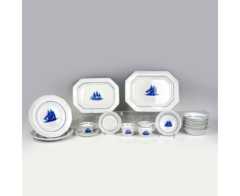 Part of the Georgetown Collection. White dinnerware adorned with notable nautical ships in blue. Ship images are originally f