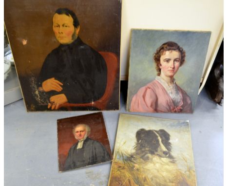 19th century portrait of a lady two other portraits and an oil on canvas of a dog 