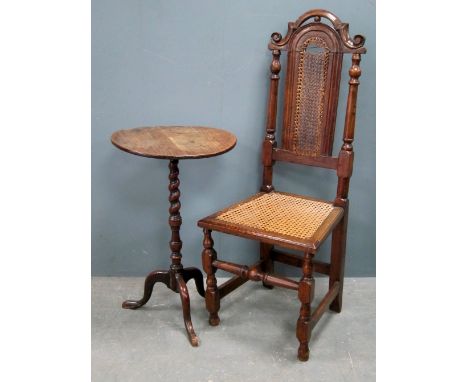 Oak framed cane back and seated chair and an oak circular ocassional table on barley twist column support to tripod base 