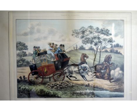 Set of four coaching prints and a print of a galleon, 