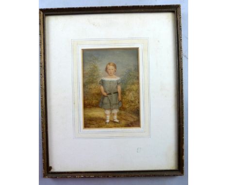 19th century watercolour portrait of a child in a blue dress, 15.5cm x 11cm, 