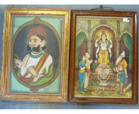 Indian portrait of a man in a robe and headdress with a sword, watercolour, 19.5" x 13.5" and a print of Satyanayarana, 