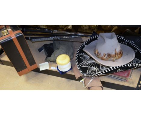 Vintage leather briefcase, golf clubs, desk leather, binoculars  and other miscellaneous items 
