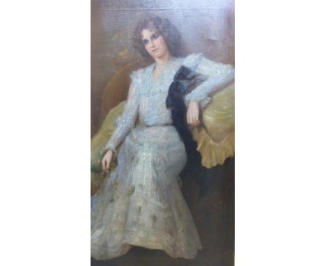 Portrait of an Edwardian lady early 20th Century oil on canvas reclining on sofa in white dress unsigned 