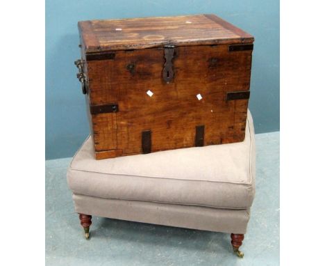 Stained pine trunk with metal mounts and an upholstered footstool on oak turned feet 