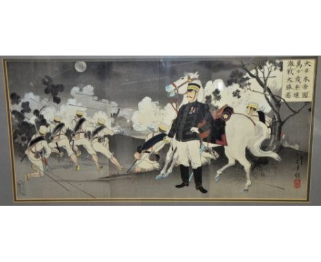 Japanese tryptic woodblock print of a war scene with various soldiers commander and a horse 33cm x 69cm signed 