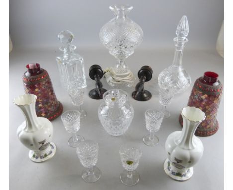 Waterford cut glass table lamp and shade, small quantity Waterford drinking glasses, Tyrone crystal small quantity, and a pai