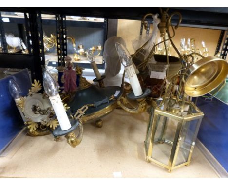A French six branch gilt metal ceiling light, a brass hall light and one other 