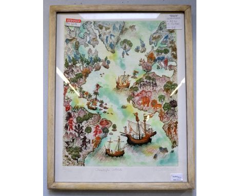 Chinese watercolour, limited edition print 'Christopher Columbus' and others, 