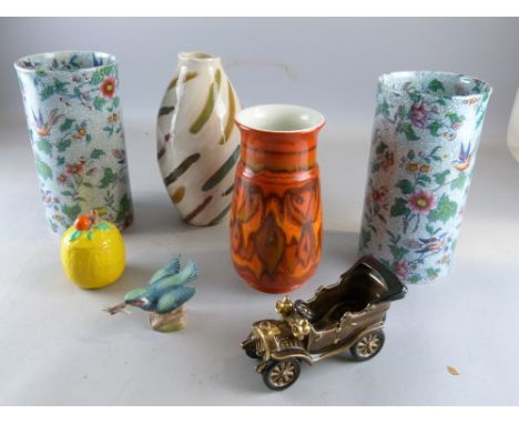 Poole pottery vase, Bretby china vintage car, pair of tall vases, Shelley jam pot and a Royal Worcester Kingfisher  and a mul