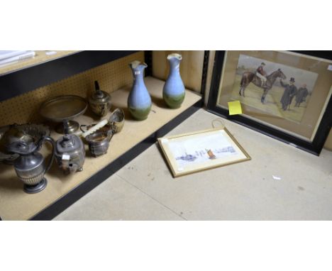 Watercolour of The Thames, print of a racehorse, small collection of silver plate and a pair of vases, 