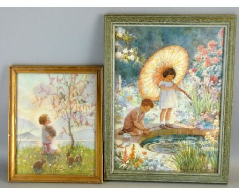 Margaret Tarrant print of 'Reflection' and one other of a young girl with rabbits 